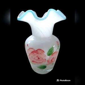 Vintage Fenton Aqua Crest‎ Vase White Swirl Glass Hand Painted Roses 6" Ruffled